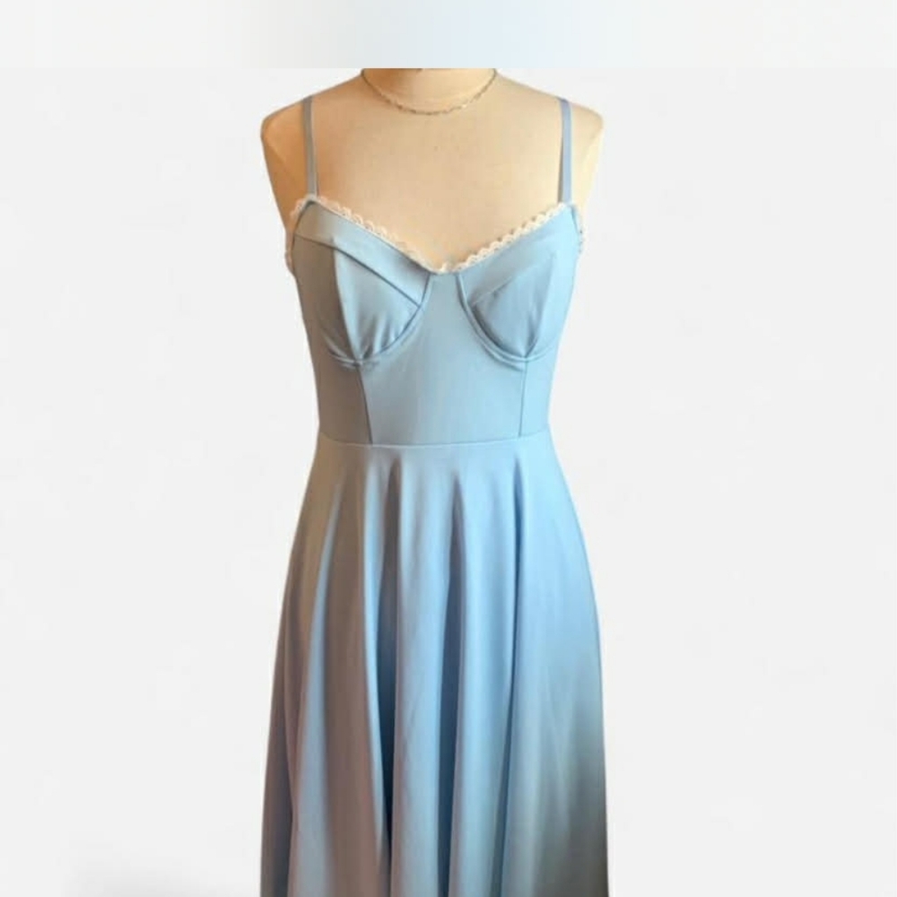 Light Blue Spaghetti Strap Maxi Dress with Lace Trim
